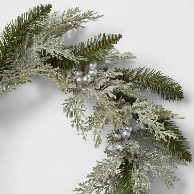 22" Glittered Cedar Artificial Christmas Wreath With Metallic Silver Berries - Wondershop™ 3 22" Glittered Cedar Artificial Christmas Wreath With Metallic Silver Berries - Wondershop™