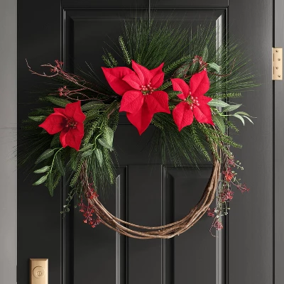 24" Poinsettia Flower And Vine Artificial Christmas Wreath Red - Wondershop™ 3 24" Poinsettia Flower And Vine Artificial Christmas Wreath Red - Wondershop™