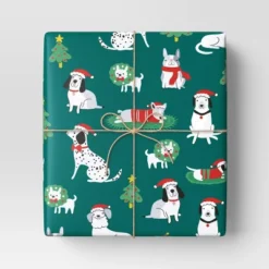 30" 50 Sq Ft Christmas Roll Wrap Illustrated Dogs On Green - Wondershop™