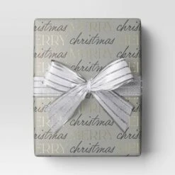 30” 25 Sq Ft Christmas Roll Wrap Black/Gold Merry Christmas On Grey - Wondershop™