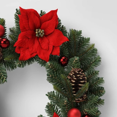 28" Pine And Poinsettia Flower With Ornaments Artificial Christmas Wreath Red - Wondershop™ 4 28" Pine And Poinsettia Flower With Ornaments Artificial Christmas Wreath Red - Wondershop™ - Image 2