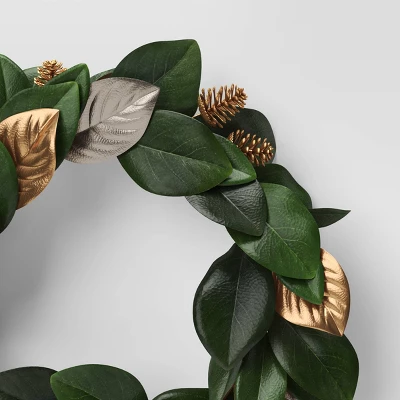 20" Magnolia Leaf With Pinecones Artificial Christmas Wreath Green/Gold - Wondershop™ 4 20" Magnolia Leaf With Pinecones Artificial Christmas Wreath Green/Gold - Wondershop™ - Image 2